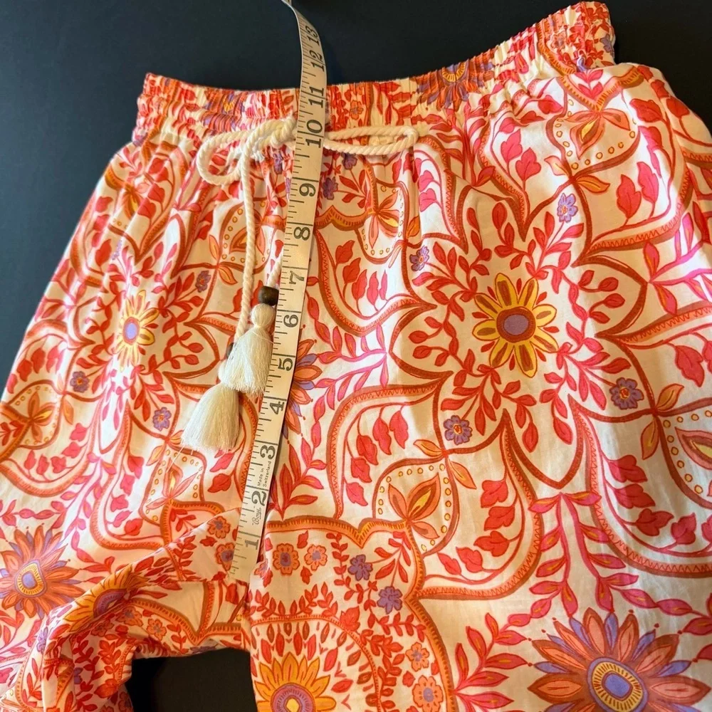 Olivaceous boho print orange wide leg pull up elastic waist cotton pants, sz S